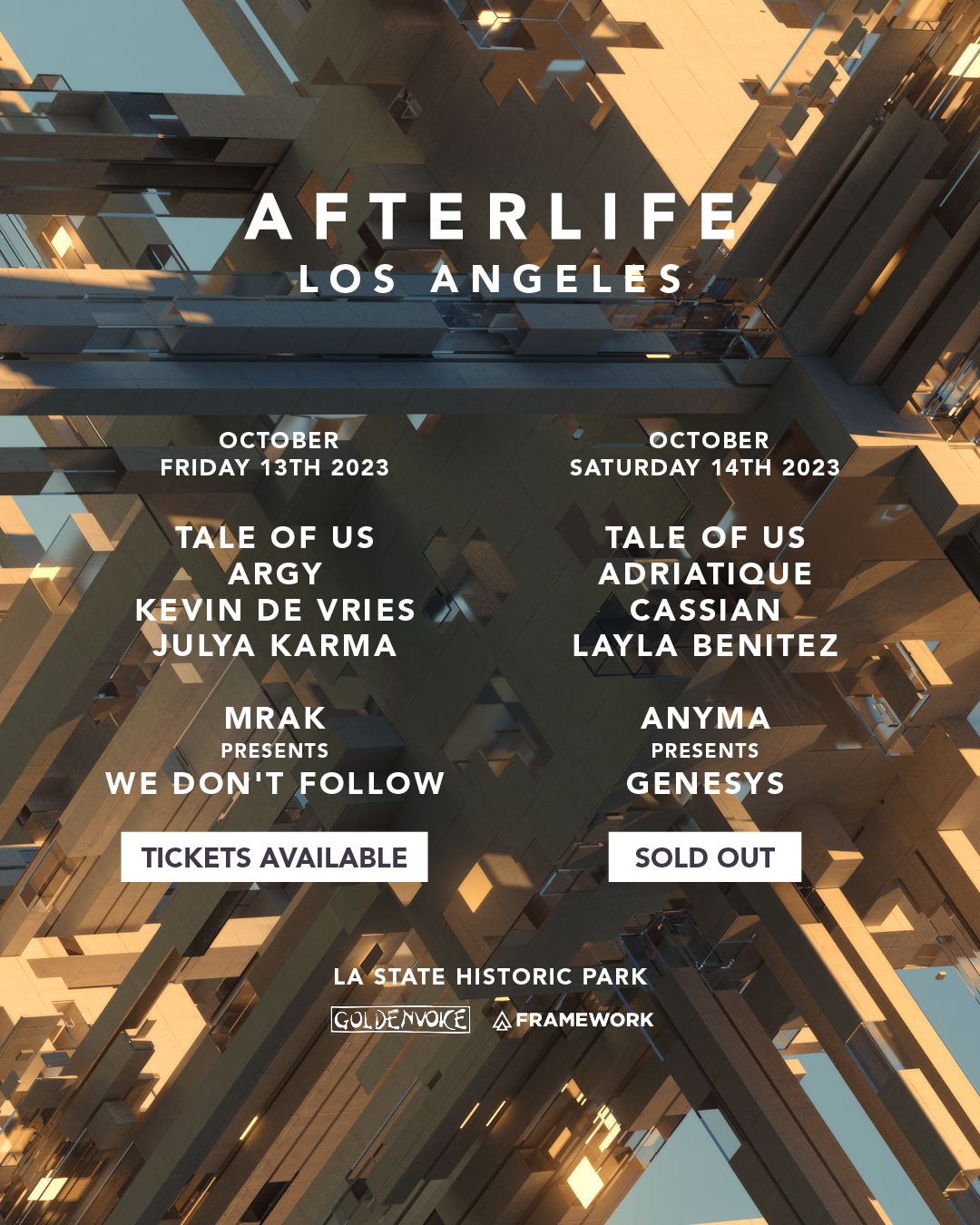 Framework to deliver Afterlife's Los Angeles debut over 2 days at LA State  Historic Park in October - EARMILK
