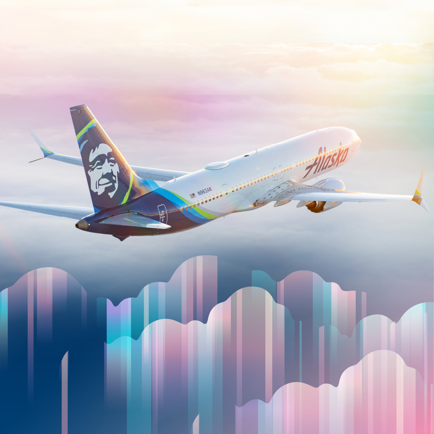 Alaska Airline plane flying against cloudy sky