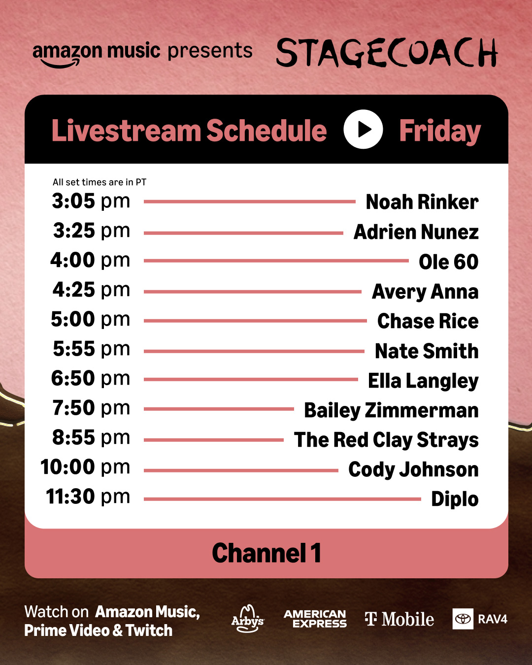 Amazon Music x Stagecoach Livestream Schedule for Friday Channel 1