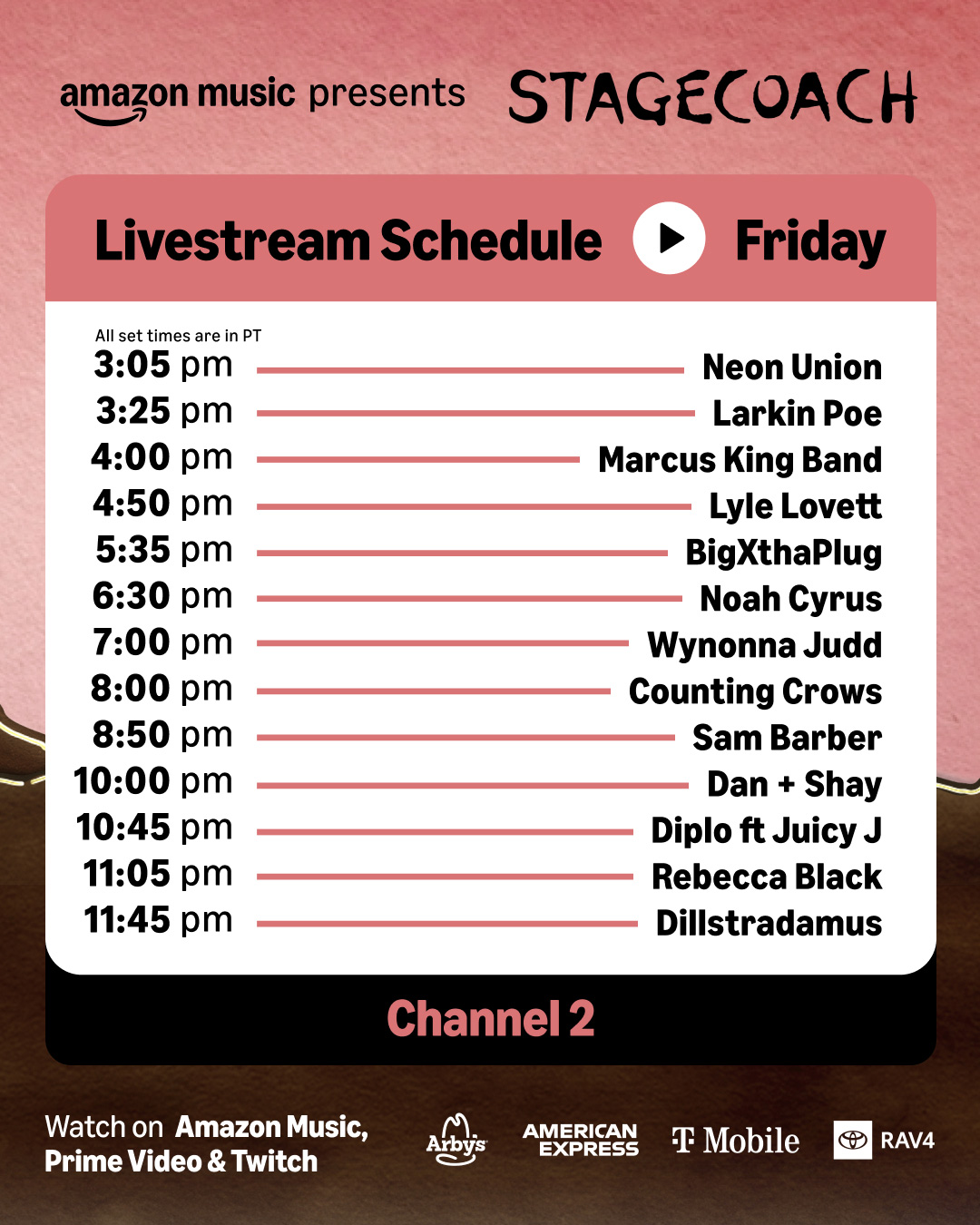 Amazon Music x Stagecoach Livestream Schedule for Friday Channel 2