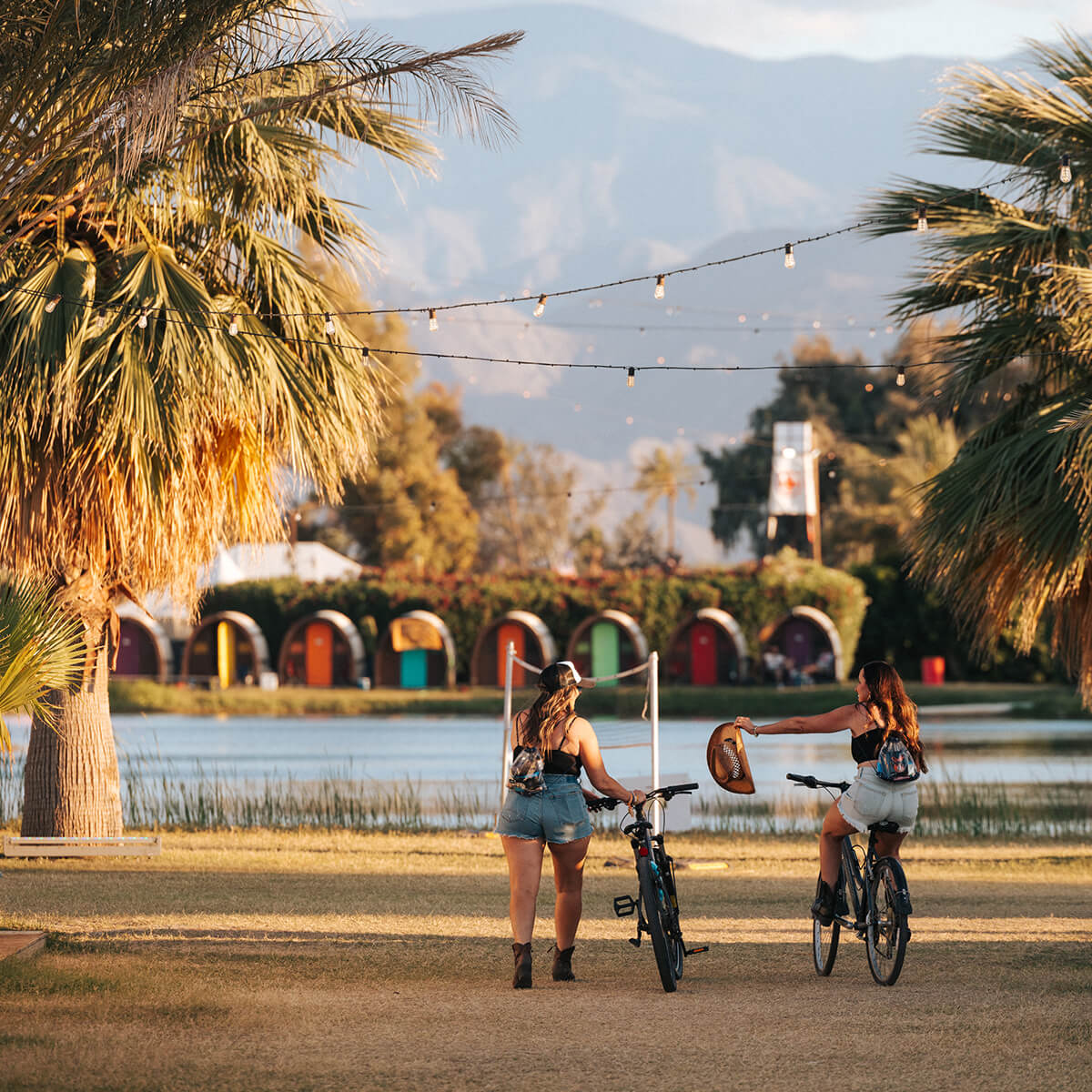 Girls biking near lake