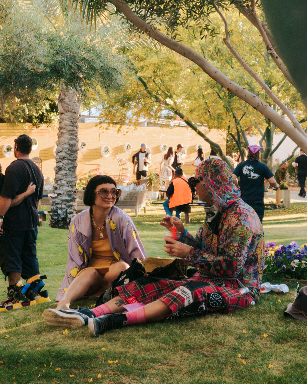 fans relaxing on grass under shady tree