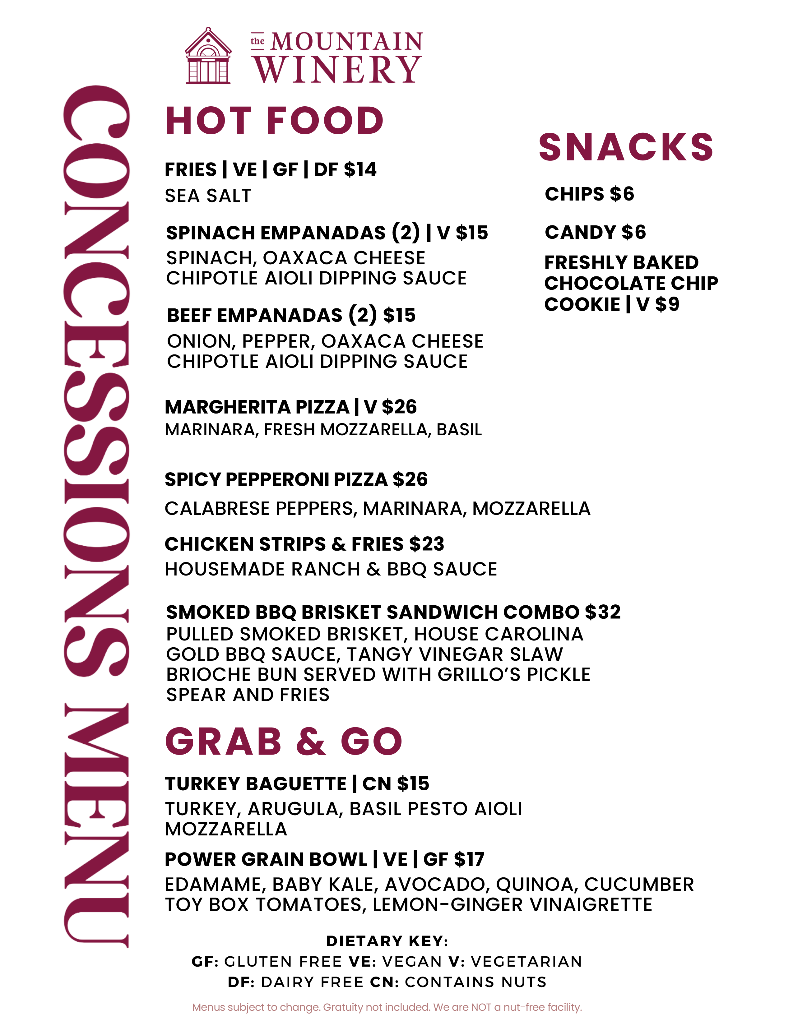 Concessions menu
