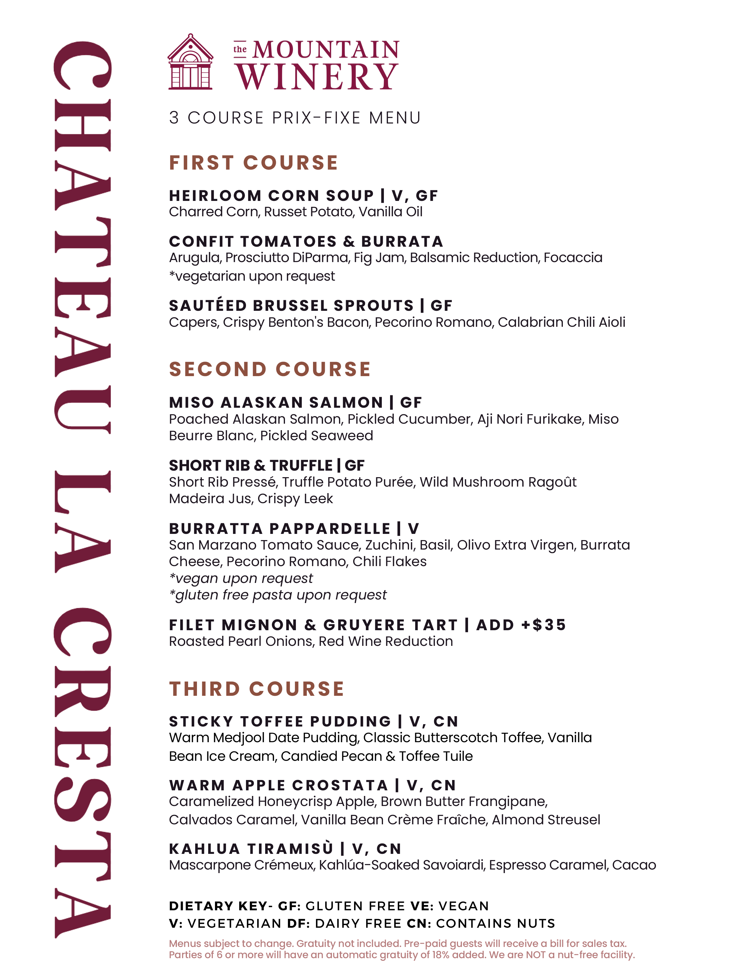 Chateau La Cresta menu