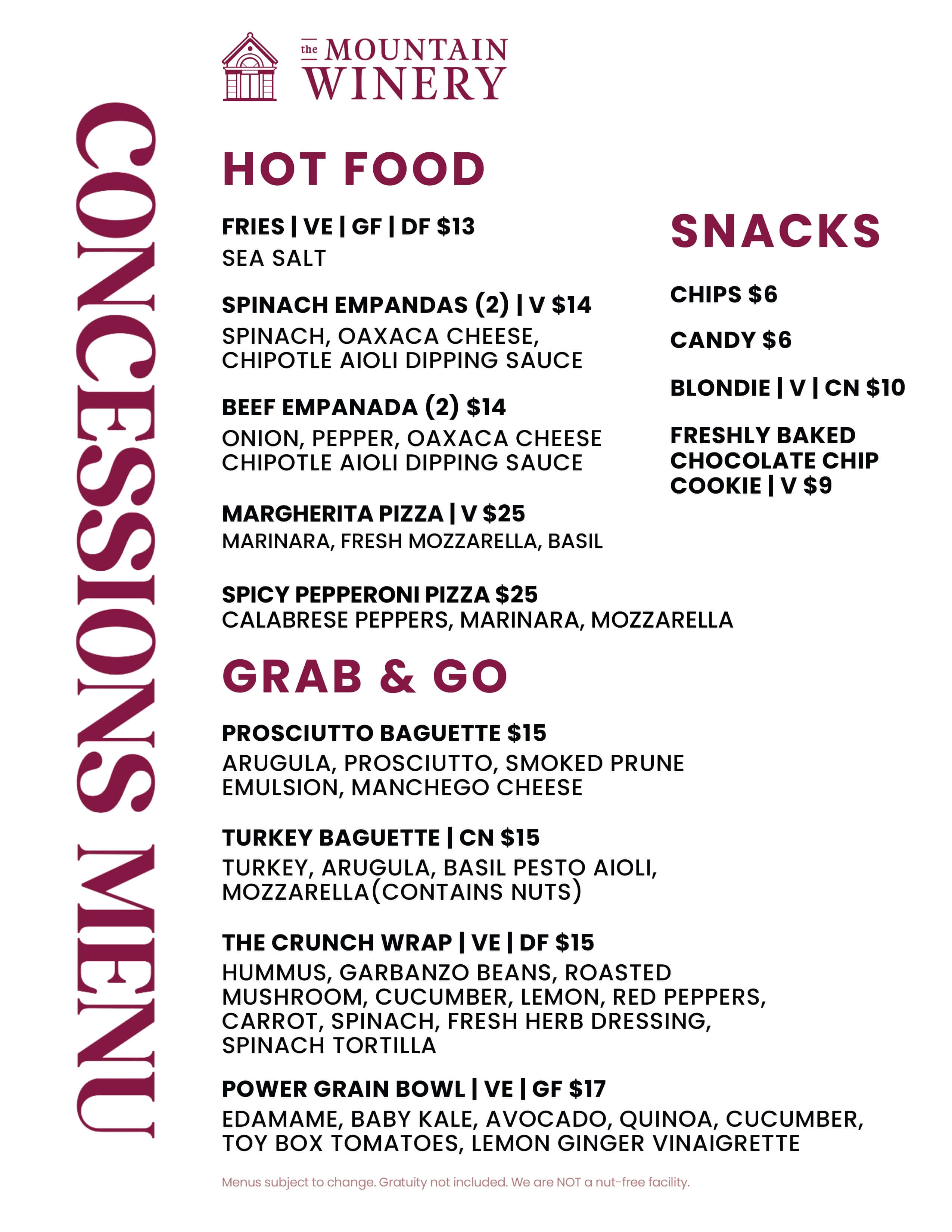 Concessions menu