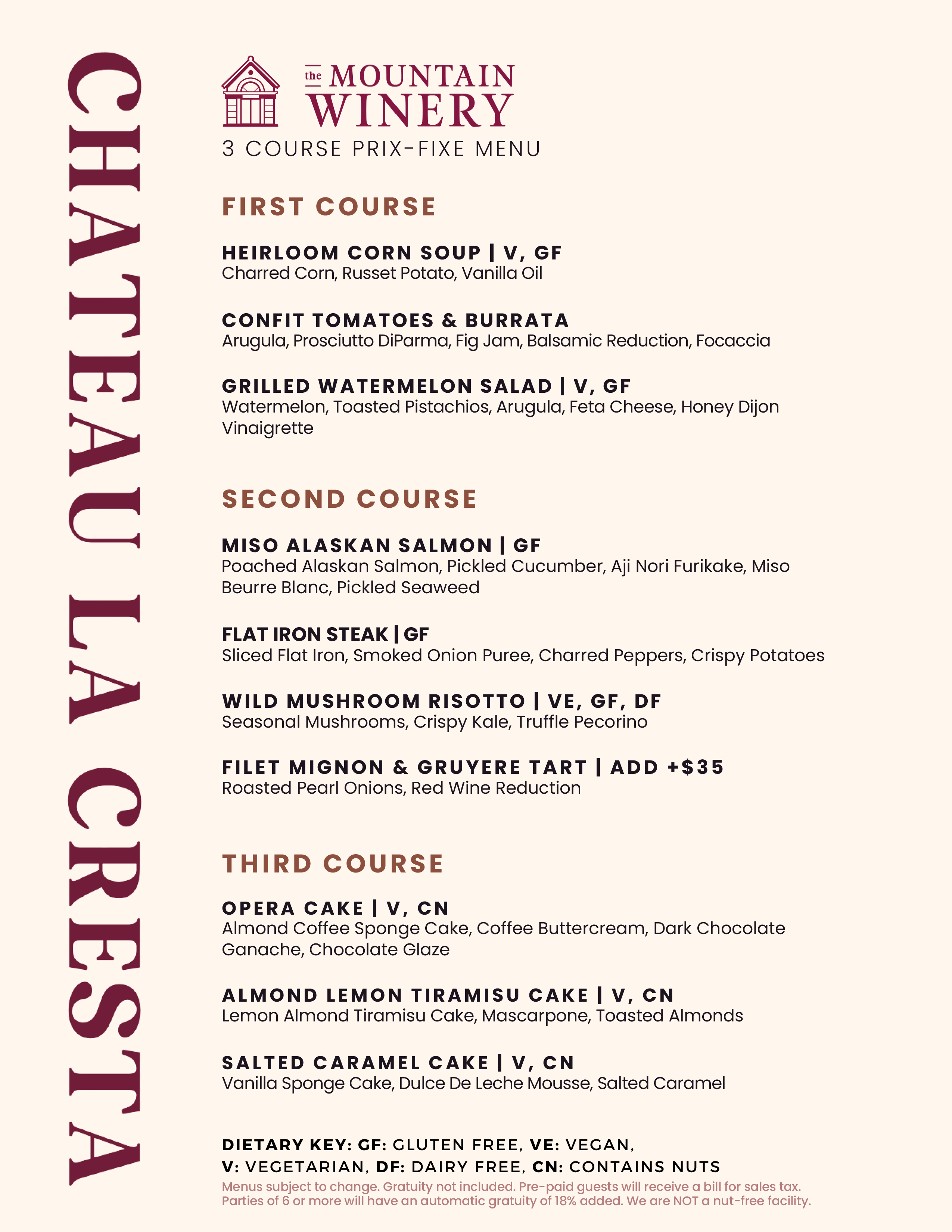 Chateau La Cresta menu